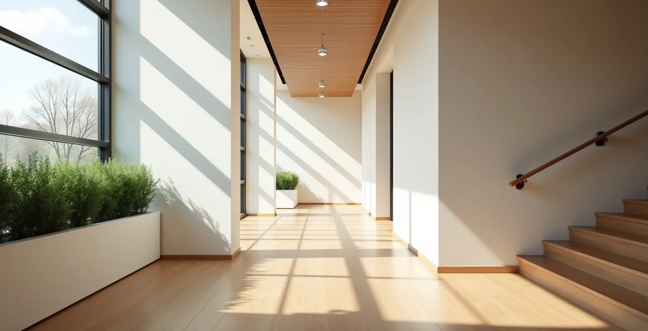 Perspective d'un couloir de résidence senior baigné de lumière naturelle