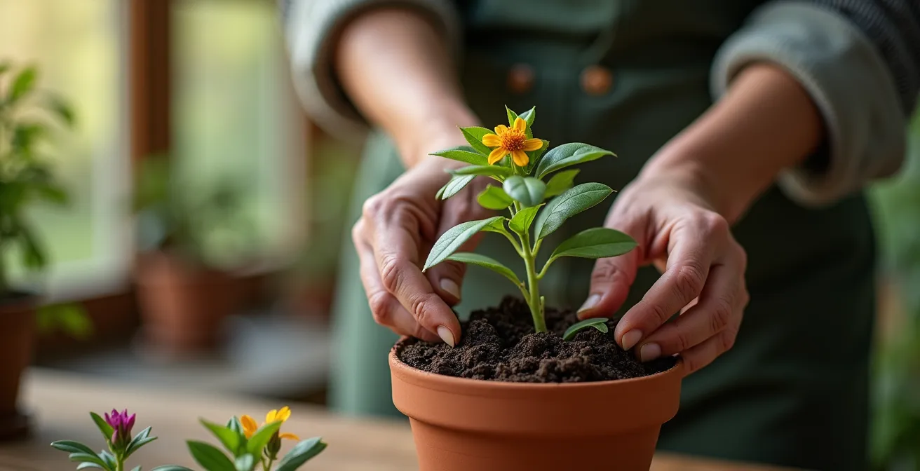 Gros plan sur des mains de senior plantant des fleurs dans un pot en terre cuite